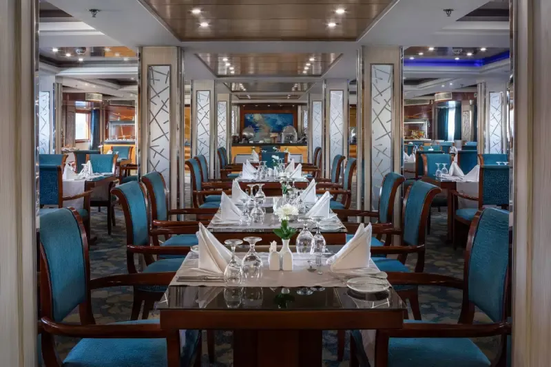 Garnet Restaurant aboard MS Esmeralda, 120-seat full-board dining room with Nile views