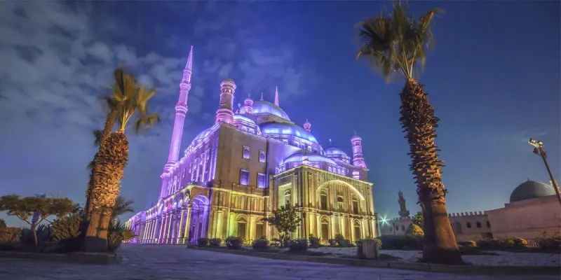Mohamed Ali Mosque Citadel of Saladin Cairo Egypt 2026 — alabaster mosque twin minarets and Ottoman dome dominating Cairo skyline