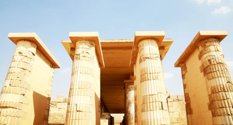Imhotep Museum and Djoser complex enclosure wall at Saqqara — the restored 10.5-metre enclosure surrounding the Step Pyramid, Saqqara Egypt 2026