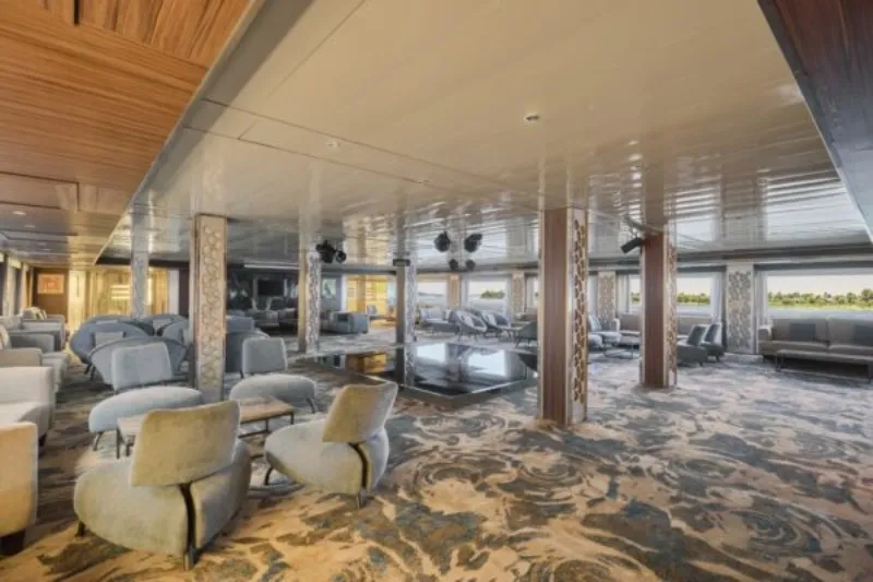 Blue Shadow IV Nile Cruise main lounge bar — international buffet dining, full board, Princess Cruise Line Egypt 2026