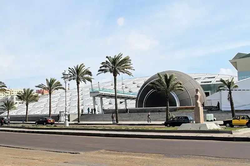 Bibliotheca Alexandrina Alexandria Egypt 2026 — modern library tilted disc building facing Mediterranean Sea opened 2002