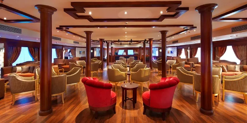Tanya Lounge Bar or Livingstone Restaurant aboard Amwaj Livingstone — evening entertainment and international full-board dining, classic Nile cruise Egypt 2026