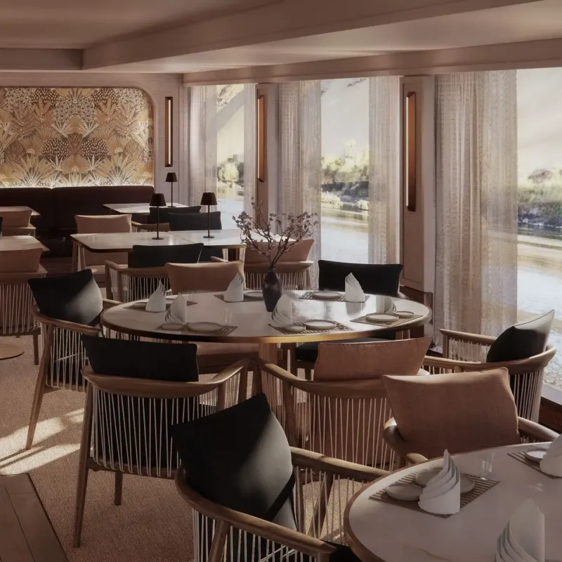 Sanctuary Nile Seray indoor-outdoor dining — two restaurants helmed by world-class chefs with panoramic Nile views, luxury Nile cruise Egypt 2026