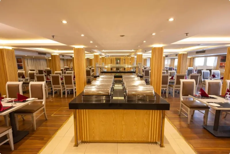 MS Tower Prestige Orient Restaurant — gourmet local and international cuisine with Nile views, 4 meals daily including afternoon tea, 5-star deluxe Egypt 2026