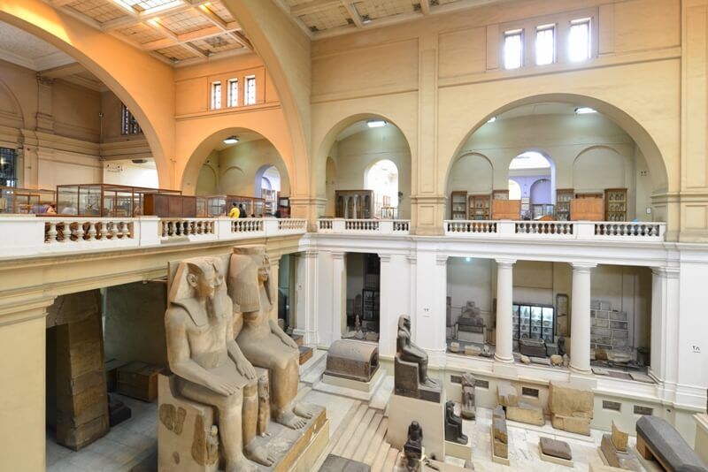 Egyptian Museum Tahrir Cairo — painted limestone statues of Rahotep and Nofret c.2600 BC with inlaid crystal eyes from Meidum