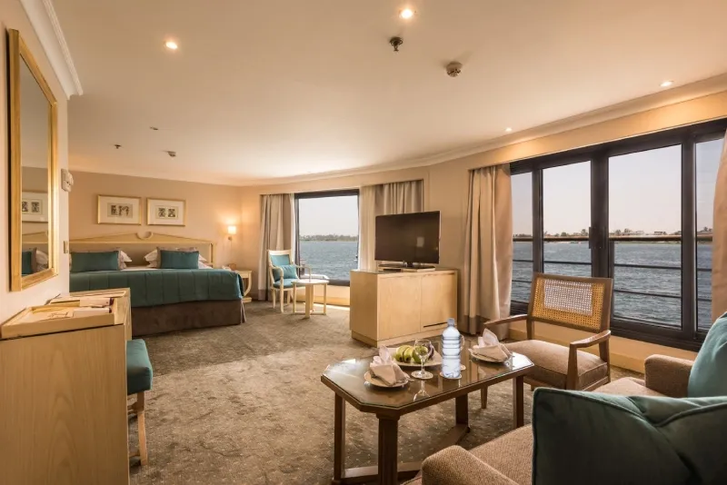 Steigenberger Royale Suite— 36.5 square metres, large panoramic sliding Nile-view window, complimentary WiFi, satellite TV, 5-star classic Egypt 2026