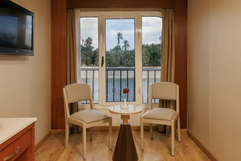 MS Alma Nile Cruise private balcony cabin — outdoor balcony with Nile views, budget 5-star Egypt 2026