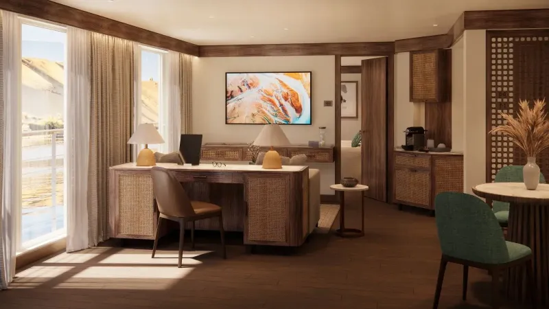 Sanctuary Nile Seray entry suite — 33 square metres with Juliet balcony, floor-to-ceiling windows framing Nile valley views, contemporary Egyptian design, 2026