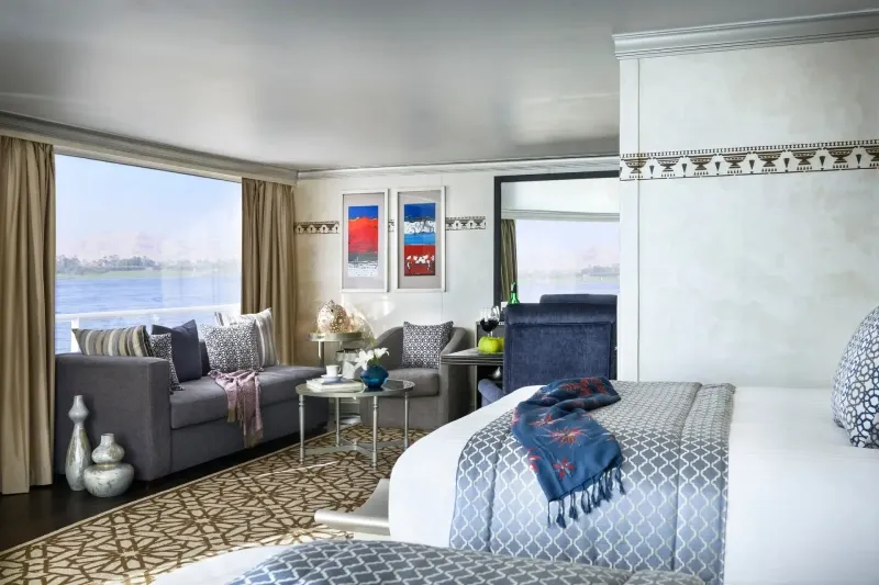 Sanctuary Sun Boat IV Royal Suite — 55 square metres with private balcony overlooking the Nile, luxury Nile cruise Egypt 2026