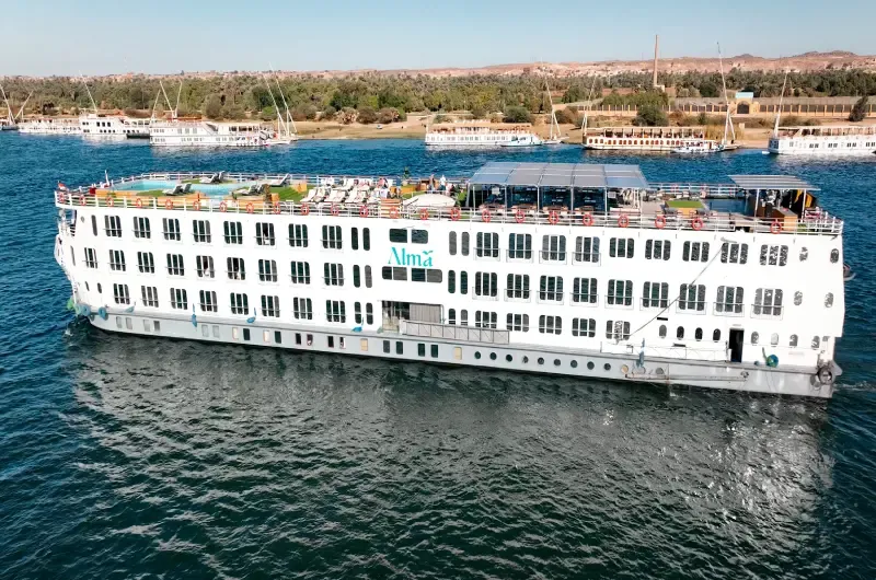 MS Alma Nile Cruise 2026 — budget 5-star cruise ship with private balcony cabins sailing Luxor to Aswan Egypt
