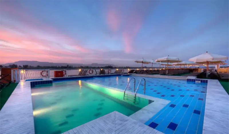 Steigenberger Minerva sun deck with swimming pool and pool bar, fitness equipment, free wifi, classic 5-star nile cruise Egypt 2026