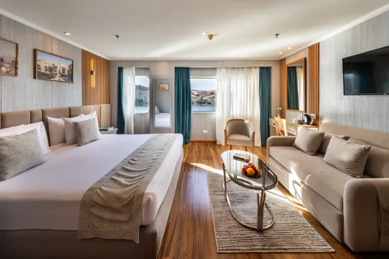 Chateau Lafayette standard cabin — panoramic Nile view window, private en-suite bathroom, double or twin bed, budget 5-star Egypt
