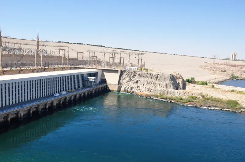Lake Nasser panorama from Aswan High Dam Egypt 2026 — 550km artificial lake one of world's largest created by Sadd el-Aali