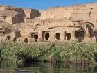 Gebel el Silsila Nile gorge Egypt 2026 — vertical sandstone cliffs narrowing on both banks with Dahabiya sailing through